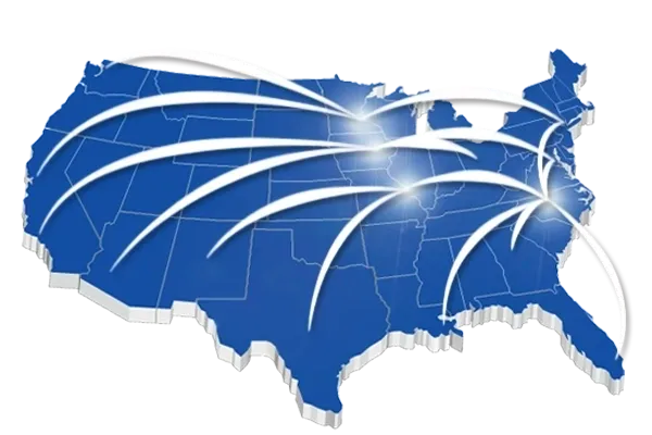 Blue US map with radiating network arcs